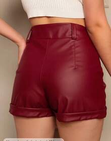 Women's Synthetic Leather Shorts, Fake Leather – Style & Comfort - Màu Đỏ Sâu - Xem 2