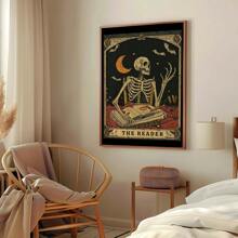 1 pieza Impresión de arte de pared de lector de tarot gótico, Halloween esqueleto amante de los libros, póster de bruja de biblioteca con símbolos sagrados, decoración sin marco de academia oscura para dormitorio espeluznante/rincón de lectura, regalo místico y decoración de fiesta (Impresiones de pared ocultas de vuelta al colegio)