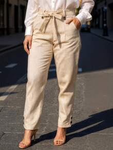 Women's Tailored Linen Trousers, High Waist With Belt, Tie Band And Elastic Waistband - 米色 - 查看 1