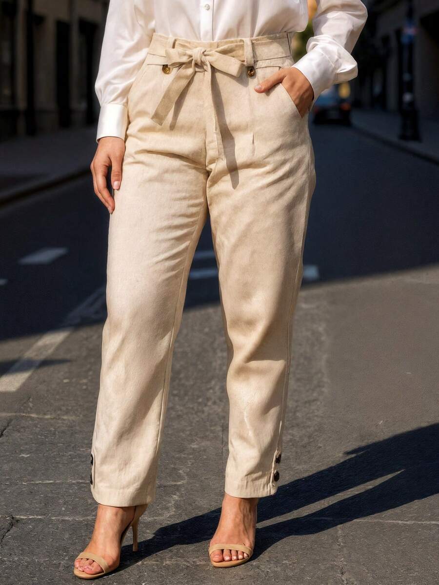 Women's Tailored Linen Trousers, High Waist With Belt, Tie Band And Elastic Waistband - 米色 - 查看 1