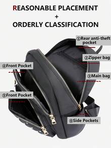 防盗铆钉尼龙背包，女士钱包，多功能时尚日常包，多口袋轻便旅行包，大容量简约背包，便捷背包，适合学生、护士、教师、商务人士、旅行、通勤、购物、办公、约会、徒步、训练、工作，生日礼物、节日礼物，背包 - 黑色 - 查看 4