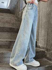 Jeans larghi smanicati casual per ragazza adolescente con ricamo a forma di cuore e lavaggio ad acqua