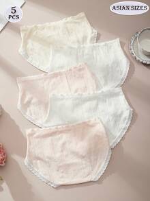 5件套女士三角裤，波浪蕾丝，可爱甜美图案设计，透气舒适的针织面料，白色内裤，粉色内裤，粉色花朵，女士可爱内裤，日常穿着，节日婚礼穿着，仙女风格