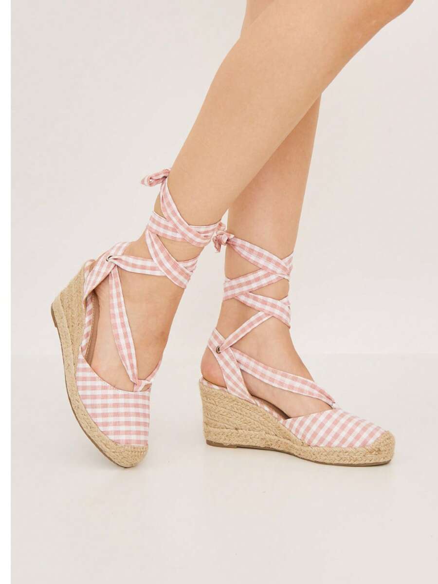 Women's Casual Plaid Lace-Up Wedge Sandals - Baby Pink - View 1