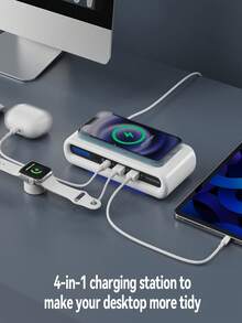 4-In-1 Portable Multi-Function Dual USB, Type-C, 15W Wireless Charger Adapter For Smartphones, Bluetooth Earphones, Smartwatches, Tablets (Not A Power Bank) - White - View 4