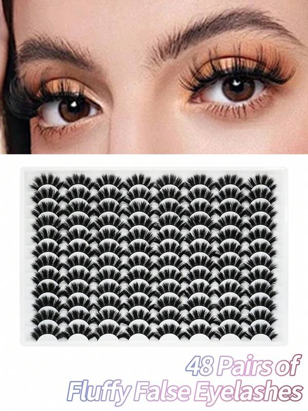 48 Pairs Of Large Capacity Super Dense Full Eye False Eyelashes Fluffy D-Roll Soft False Eyelashes 3D Imitation Mink Eyelashes Create Charming Eye Makeup