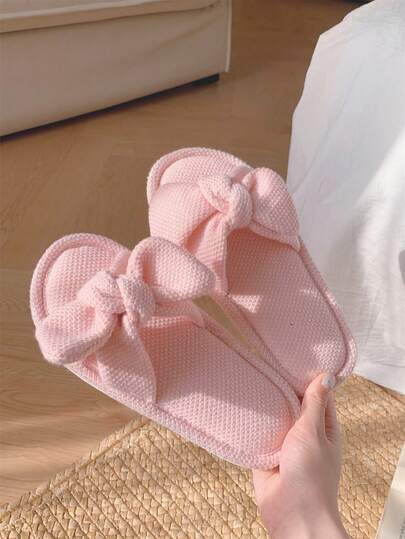XIXITIAO Cute Sweet Style Teen Girl Pink Bow Decor Breathable Indoor Slippers, Open Toe Casual Wear Versatile Non-Slip Flat Slides, Suitable For All Seasons