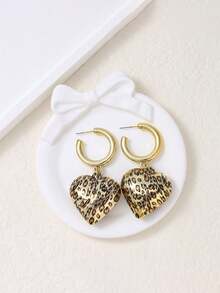 1 对复古风格豹纹心形吊坠耳环，时尚夸张的女士耳环，适合派对佩戴