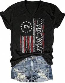 4th Of July V Neck Patriotic T-Shirts Women American Flag Print Faith Family Freedom Letter Casual Short Sleeve Tee Tops Halloween Christmas New Year - 黑色 - 查看 1