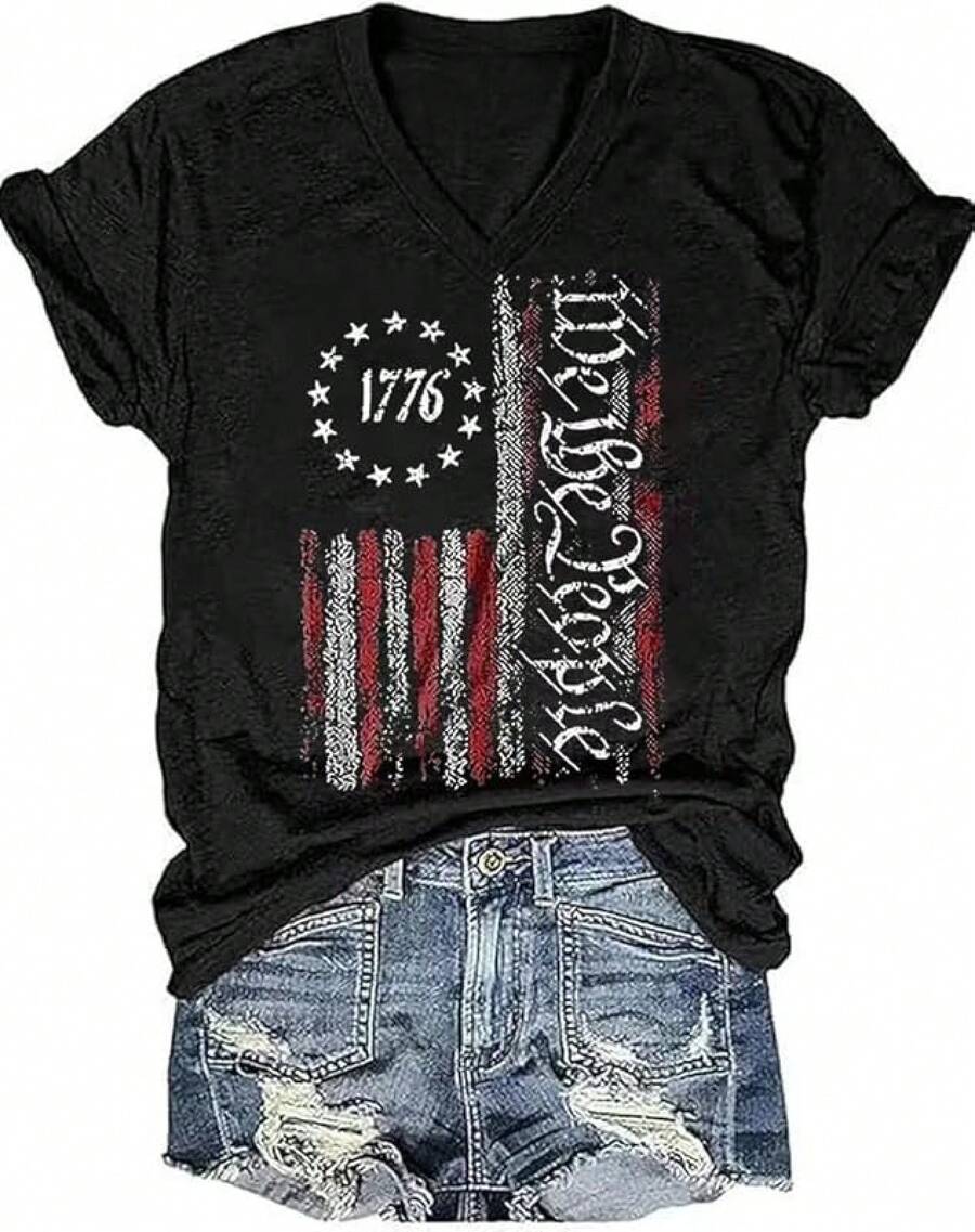 4th Of July V Neck Patriotic T-Shirts Women American Flag Print Faith Family Freedom Letter Casual Short Sleeve Tee Tops Halloween Christmas New Year - 黑色 - 查看 1