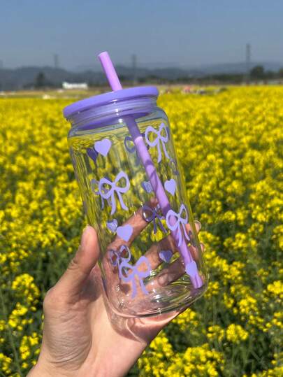 1pc 16oz Purple Bow Print Plastic Water Bottle With Reusable Colored Straw, Suitable For Storing Ice Cubes, Juice, Coffee Etc. An Ideal Gift For Sisters And Friends, Portable Car Cup, Office Coffee Cup