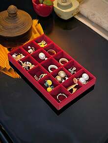 9/1 Pc, Burgundy Velvet Jewelry Tray, Large Capacity Jewelry Storage Box, Independent Compartments, Stackable Jewelry Display Stand, Can Hold Earrings, Necklaces, Bracelets, Rings, Hairpins, Hairbands, Etc. Valentine's Day Velvet Jewelry Tray, Makeup Storage Box, - Wine Red Tray - View 7