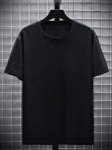 Plus Size Men's Casual Koi Fish & Lotus Flower Print Round Neck Short Sleeve T-Shirt, Summer, Grunge Style - Black - View 3