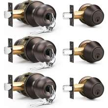 4 Pack Keyed Entry Door Knob And Single Cylinder Deadbolt Combination Set In Satin Nickel, Keyed Alike Exterior Knob Door Handle And Deadbolt Lock And Key, Round Locking Lever Handle Set - Aged Bronze - View 9