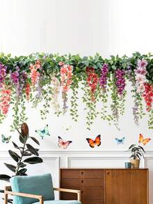 1 件 Fanyu 玫瑰藤蝴蝶墙贴 - 自粘式可移除 PVC 贴花，带有粉红玫瑰、绿叶和紫色蝴蝶，适用于墙壁、塑料表面 - 梦幻花卉装饰、半哑光饰面、蝴蝶装饰 - 彩色 - 查看 10