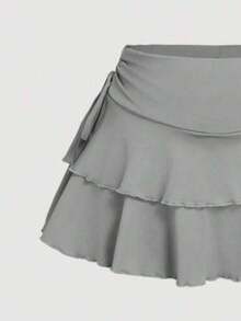 Women's Short Brown Ruffle Skirt, High Waist, With Tie - màu đen - Xem 2