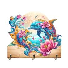 1pc DIY Diamond Art Key Organizers Wall Mount With 3 Hooks - Turtles And Dolphins Patterns Wooden Wall Decorative Key Hanger, Special Shape Crystal Rhinestone Diamond Painting Key Holder For Wall, Entryway, Front Door, Hallway, Office, Easy Installation Key Rack For Housewarming Gifts For Friends And Family