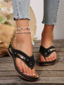 Women's Exported Stitched Metal Buckle Wedge Flip Flops, Cross-Border Thick Bottom Hollow Beach Sandals, Plus Size Wedge Thick Bottom Sandals,Spring Summer Outfits - Black - View 3