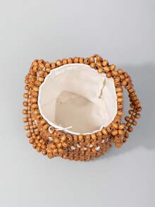 ENSPT Einteiliges Farbblockdesign Perlen Cut Out Ahornholz Material Damen Handtasche mit Kordelzugverschluss und abnehmbarer Innentasche, Eimer Tasche für Damen Strandurlaub und Reisen.