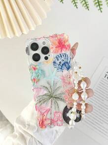 Braided Wave Edge Elegant TPU Flower Shell Coconut Tree Pattern Shockproof Phone Case With Handmade Beaded Bracelet Accessory, Compatible With IPhone 16/11/16pro/16plus/16promax/16e/15Promax/13/14/12/XS/XR/7G/8PXR/7/8 Painted Covers For IPhone15Promax, IPhone13, IPhone14, Anti-Drop Soft Shell Cover