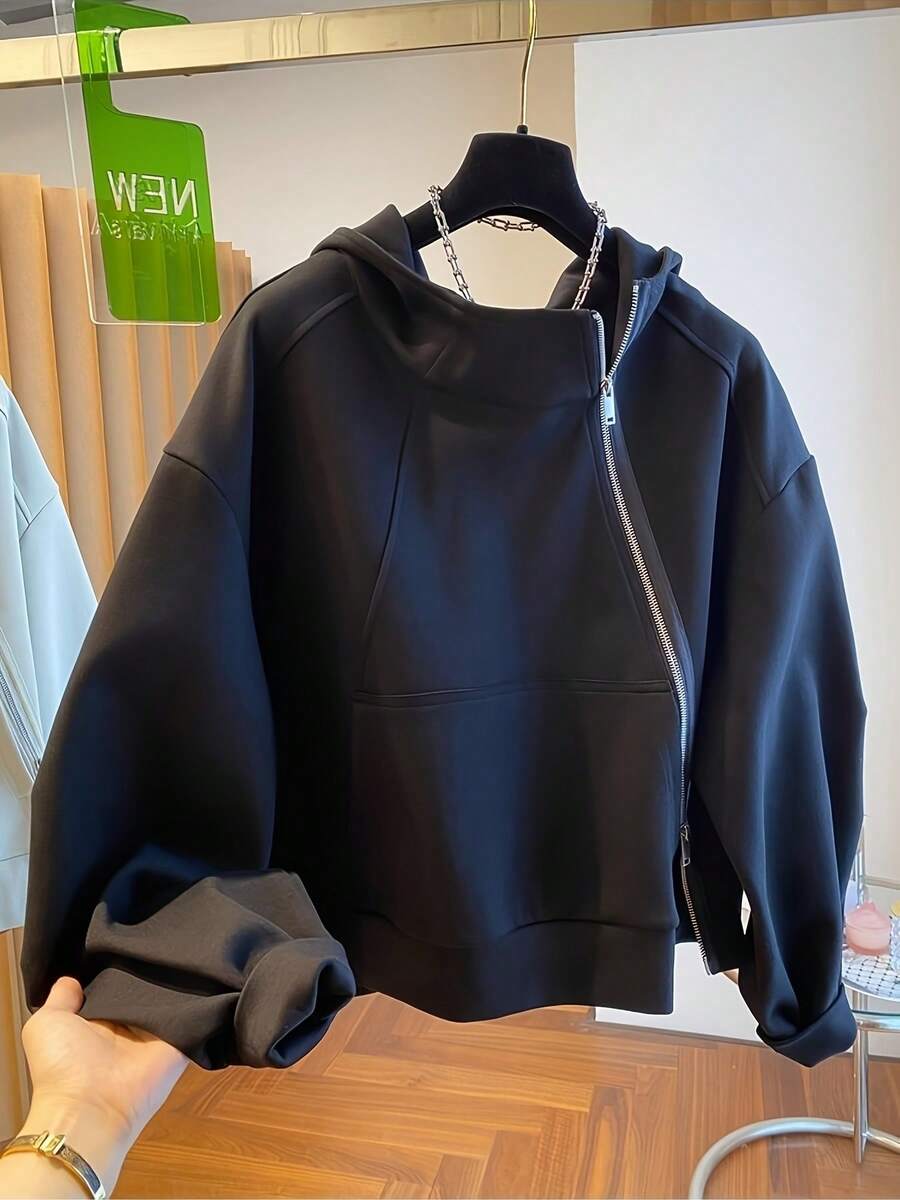 时尚欧洲和韩国设计女式春秋斜拉链连帽运动衫，宽松时尚夹克