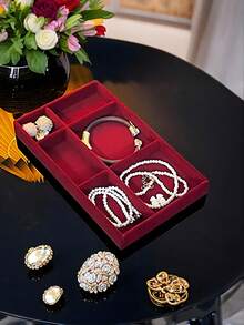 9/1 Pc, Burgundy Velvet Jewelry Tray, Large Capacity Jewelry Storage Box, Independent Compartments, Stackable Jewelry Display Stand, Can Hold Earrings, Necklaces, Bracelets, Rings, Hairpins, Hairbands, Etc. Valentine's Day Velvet Jewelry Tray, Makeup Storage Box, - Wine Red Tray - View 26