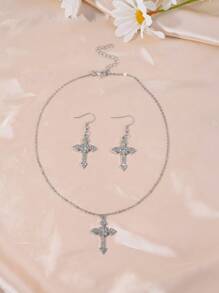 1 Peça Colar Pingente de Cruz + 1 Par de Brincos de Cruz Oca, Conjunto de Joias Femininas com Diamantes, Estilo Gótico Escuro Punk