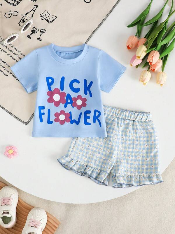Conjunto de 2 piezas para bebé niña con Top estampada con flores + pantalones cortos con volantes en estampado de flor azul, serie elegante y adorable, mejor regalo para bebés