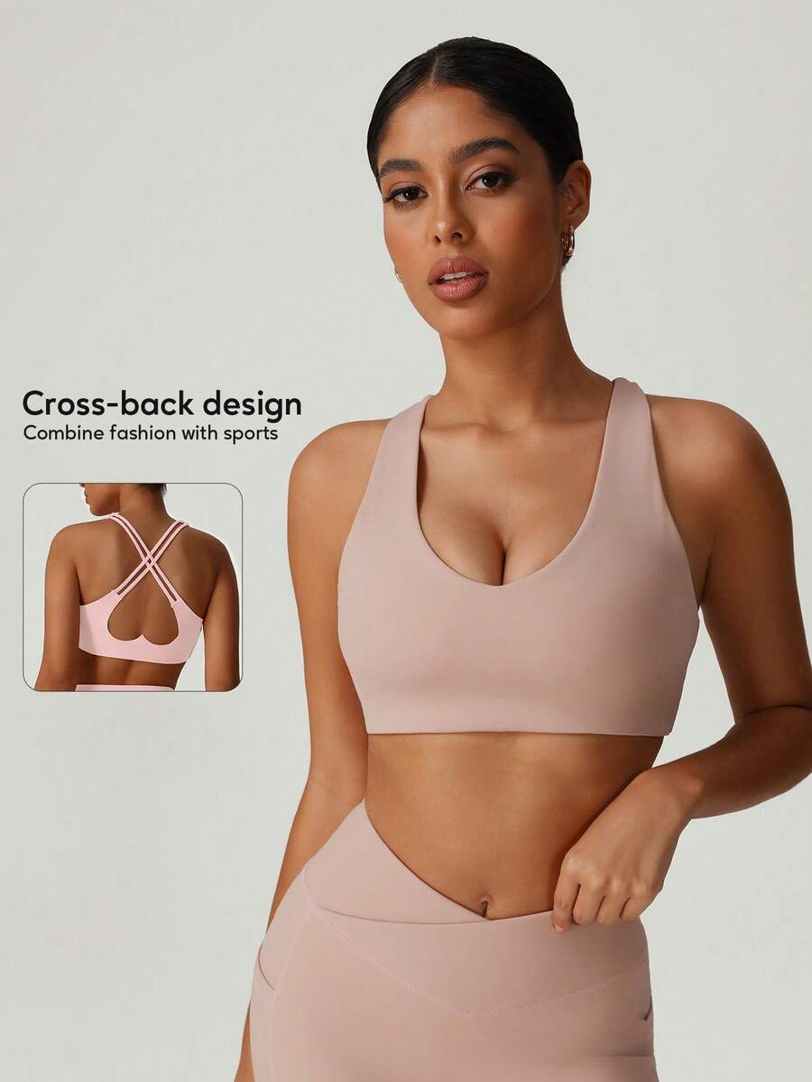 GOSOUER Damen Herz-förmiger, Cut Out schöner Rücken Fitness Sport-BH mit abnehmbaren Brustpolstern - Altrosa - Übersicht 1