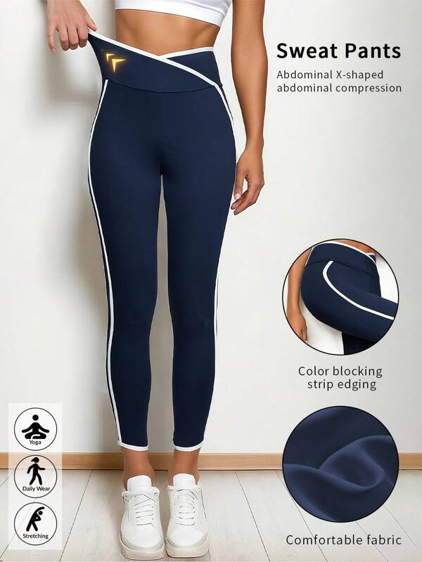 1 pezzo Leggings da donna a vita alta con strisce bicolore, controllo della pancia, effetto push-up sui glutei, lisciante, adatti per yoga, palestra, running