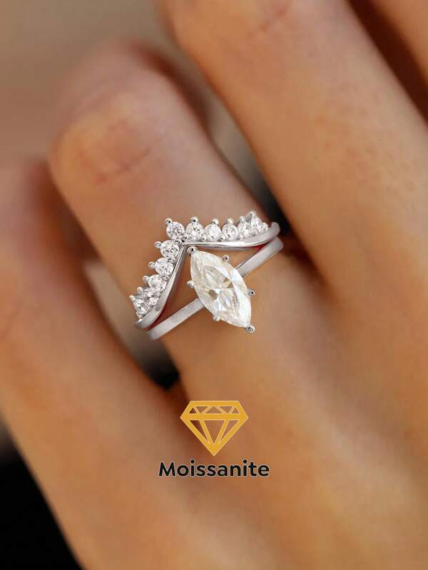 Set de 2 anillos de compromiso de plata de ley 925 con diseño de 1 ct de diamante de moissanito en forma de ojo de caballo y en forma de V, anillos de boda de pareja aniversario, regalo de joyería de lujo