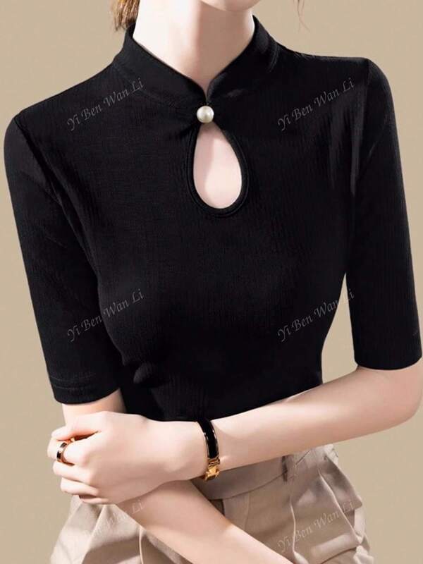 New Chinese Style National Wind Top For Women, Spring/Summer 2025 Collection, Black, Stand Collar, Short Sleeve, Slim Fit T-Shirt