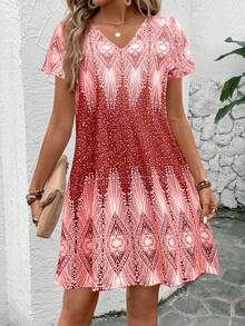 Váy chấm bi và họa tiết hình học cổ chữ V cỡ lớn cho nữ, tay ngắn thanh lịch, mùa xuân và mùa hè, vải dệt kim, co giãn vừa phải - Đỏ - Xem 5
