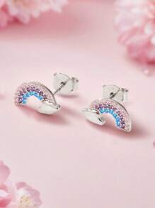 1 Paar 925 Sterling Silber Hypoallergene Glückliche Regenbogen Wolke Ohrringe - Besetzt mit funkelnden bunten Zirkonias, frisch, charmant und süß. Perfekt für Mädchen als tägliches Frühjahrs-/Sommeroutfit oder für Zusammenkünfte, ideal als Geburtstags-/Feriengeschenk für Mädchen oder Freunde