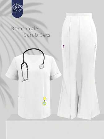 Conjunto de uniforme de enfermería con top de manga corta cuello en V liso y pantalones largos divididos con bolsillos, adecuado para atención médica privada, clínicas veterinarias y trabajo de enfermería