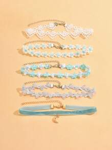 5pcs Romantic Flower Choker Necklace Set - Crochet & Lace Flower Chokers - Women's Elegant Jewelry Gift For Birthday, Anniversary