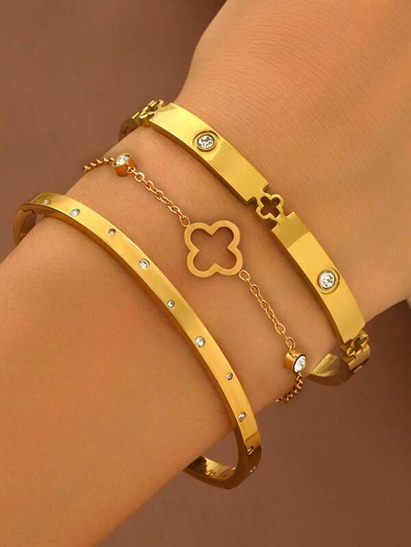 1/3 Stücke luxuriöses und elegantes französisches Mode Retro vielseitiges Edelstahl Glücksklee Armband Set mit Zirkonia, 18 Karat Vergoldung, Spiegelpoliert, vakuumbeschichtet, wasserdicht und nicht leicht zu verblassen, Damenschmuck, geeignet für Damenpartys, täglichen Gebrauch