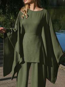 Damen Urlaubs-Lässig-Elegantes Falten-Taille Fledermaus-Ärmel locker sitzender Anzug