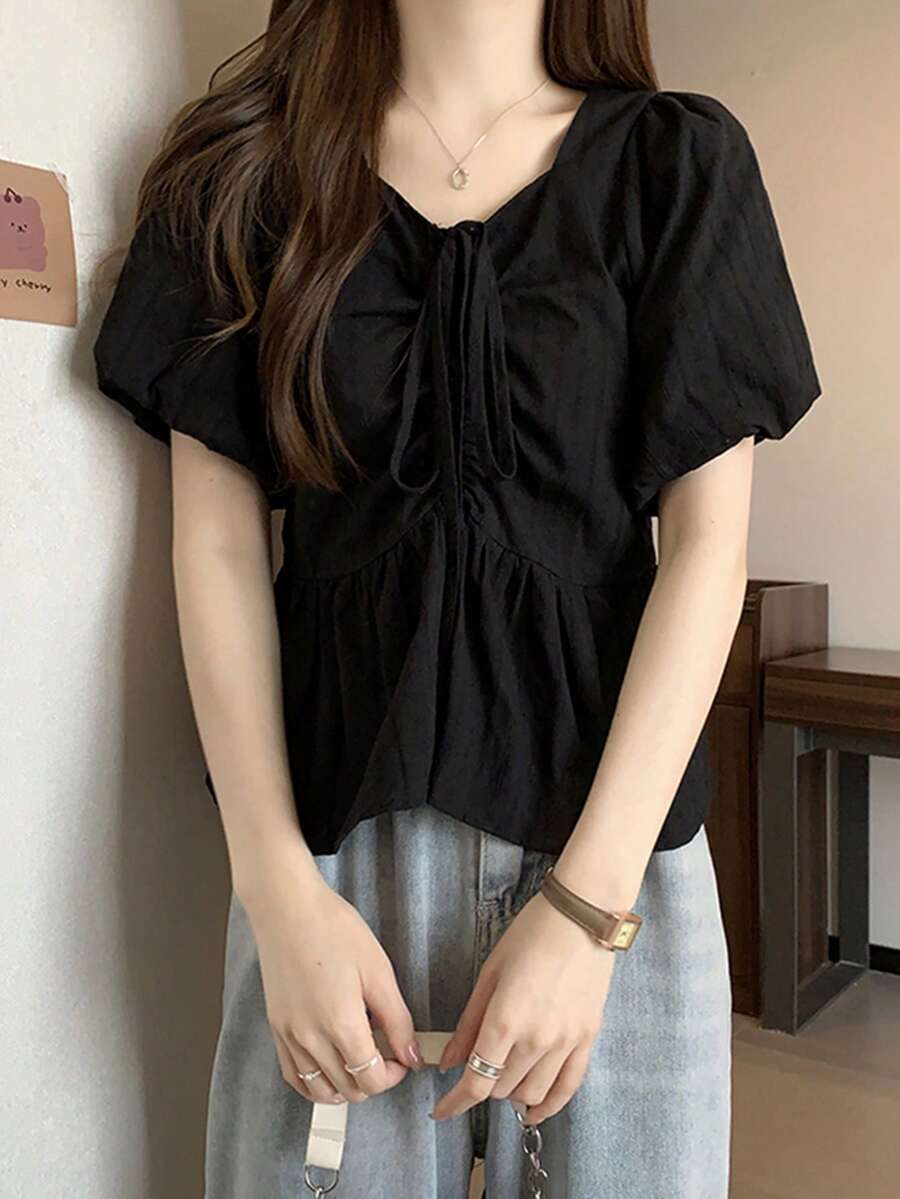 女式纯色休闲日常短袖衬衫上衣 - 黑色 - 查看 1