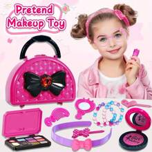 1 Set Kids Pretend Makeup Toys, 20Pcs Pink Fake Makeup & Hair Play Kit For Girls, Ideal Birthday Gift (Not Real Makeup) With Hairdryer, Bracelet, Mirror, Bag, Perfume Bottle, Curling Iron, Glasses (Some Accessories Color Random)