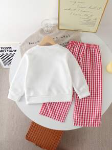 Toddler Cartoon Print Warm Crew Neck Sweatshirt And Plaid Pants Set - Red - View 6