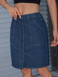 Women's Fashion Cotton Blend Bodycon Mini Skirt, Solid Color, Suitable For All Seasons - Dark Wash - View 4