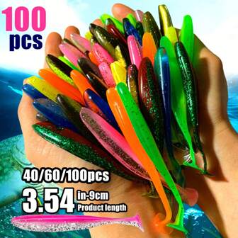 Set di 100/60/40 pezzi di esche da pesca morbide per uso esterno, di tre diverse dimensioni, esche bionicha a coda a T, attrezzi da pesca per lucci e barracuda