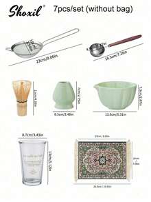 shoxil 7 件套高级抹茶茶道套装 - 完整的日本传统套装，配有竹制搅拌器、茶碗、勺子和筛子，以及可作为礼物赠送的便携包（居家/咖啡馆/茶馆必备）返校