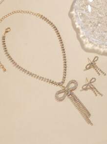2pcs Women Elegant Necklace&Earrings Set, Double Bow Crystal Tassel Jewelry For Wedding Party,Bridal