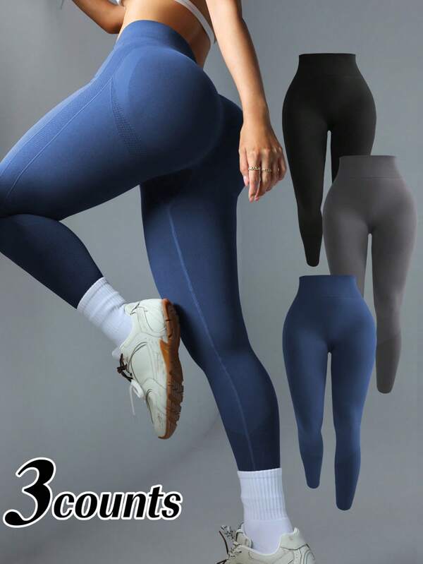 Calças de ioga esportivas de cintura alta sem costura 3 peças para mulheres, cintura alta mostrando o bumbum, leggings versáteis casuais e para treino