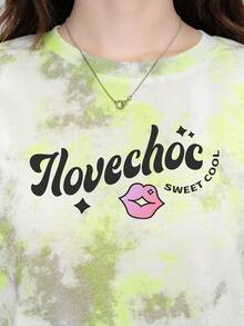 Fashionable Tie-Dye Printed Long Sleeve T-Shirt, Versatile Letter Print Women Long Sleeve T-Shirt - 0A32 Fluorescent Yellow-681 - View 5