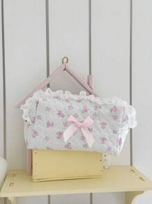 Bolsa de maquillaje de tela suave con encaje en forma de lazo, estilo lindo y dulce, gran capacidad, bolsa de lavado portátil para viajes, bolso versátil desmontable para damas