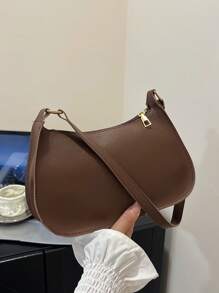 Bolso de hombro con cierre de cremallera en unicolor y estilo minimalista, bolso de medialuna elegante y sencillo, bolso de hombro con cremallera, bolso de piel sintética en unicolor, bolso burdeos, regalo ideal para Año Nuevo, bolso burdeos de moda
