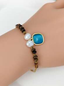 1pc Women's Blue Natural Stone Beaded Bracelet, Summer Fashion Jewelry